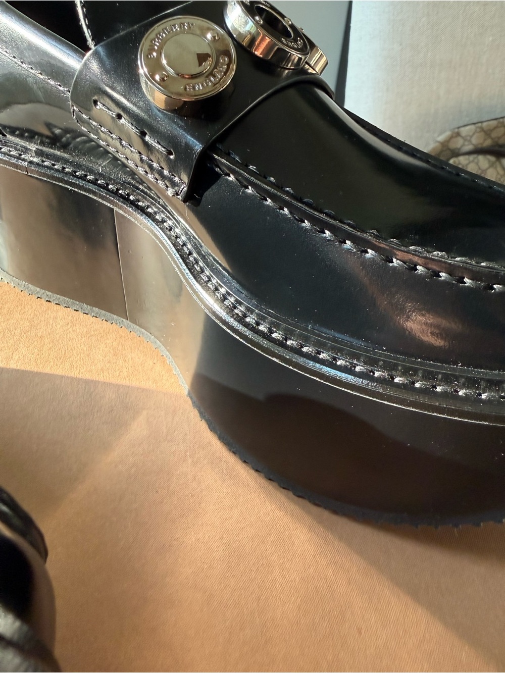 Burberry Black Patent Platform Loafers with Silver-Tone Medallions - Picture 7 of 12
